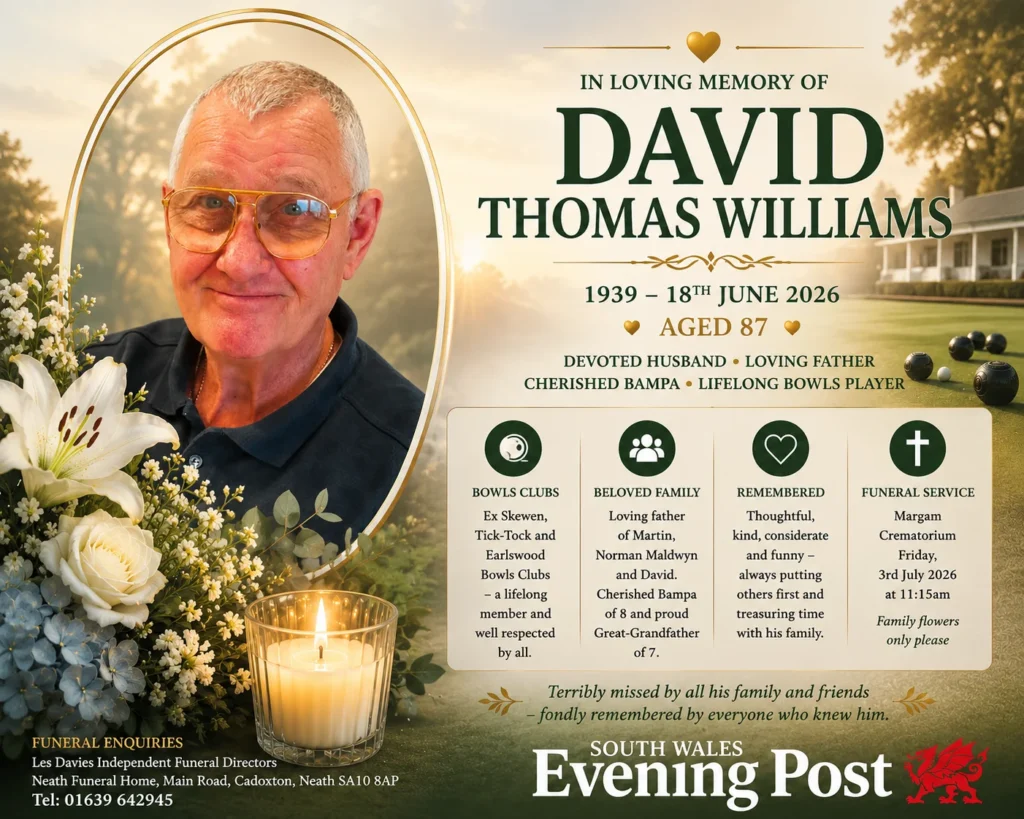 David Thomas Williams obituary of Skewen Neath, Swansea