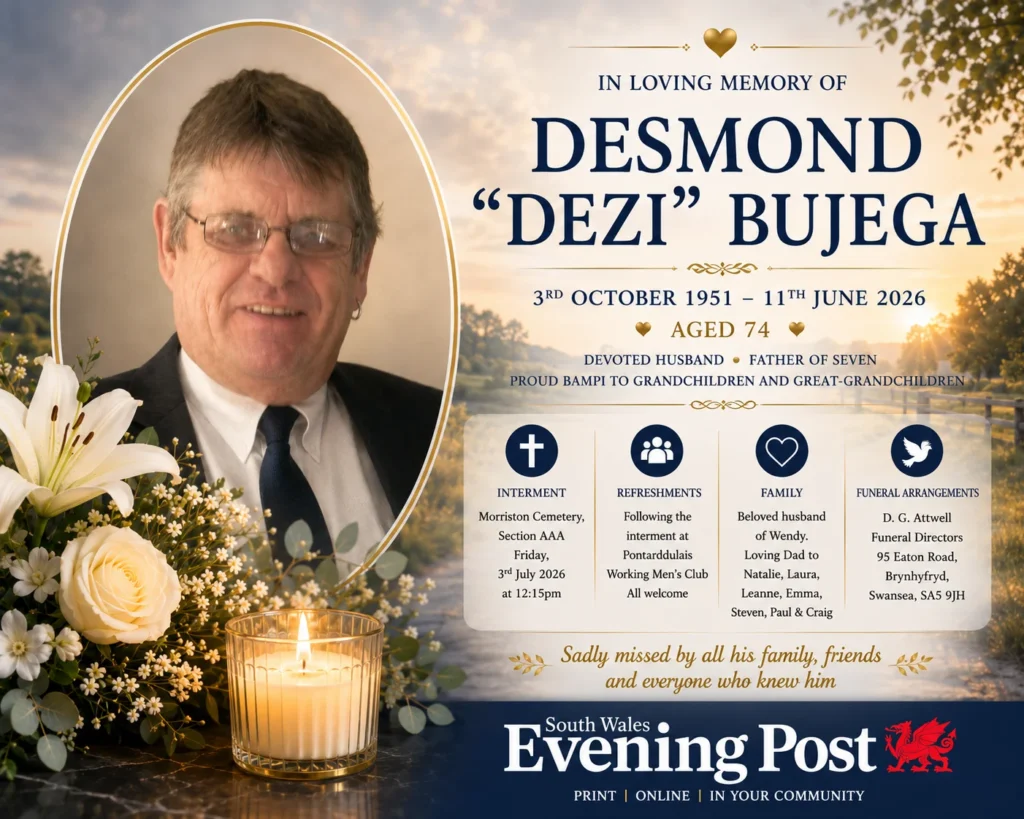 Latest Desmond Dezi Bujega obituary of Swansea