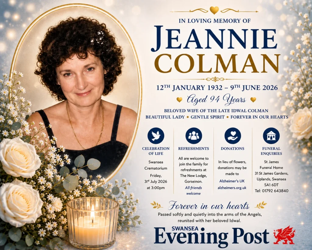Latest Jeannie Colman obituary of Swansea